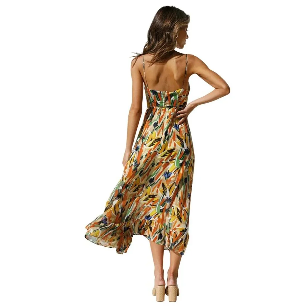 NWT Commense Multi Color Midi Dress W/ Adj. Spaghetti Straps~Ruffled Hem~Medium - Picture 2 of 8